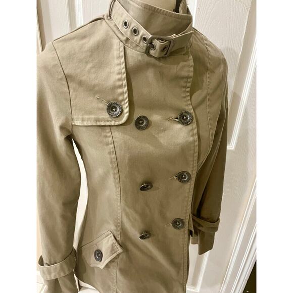 Y2K OAKLEY TRENCH COAT KHAKI SZ XS PEA COAT MILITARY STYLE VERSATILE AESTHETIC - Picture 11 of 16